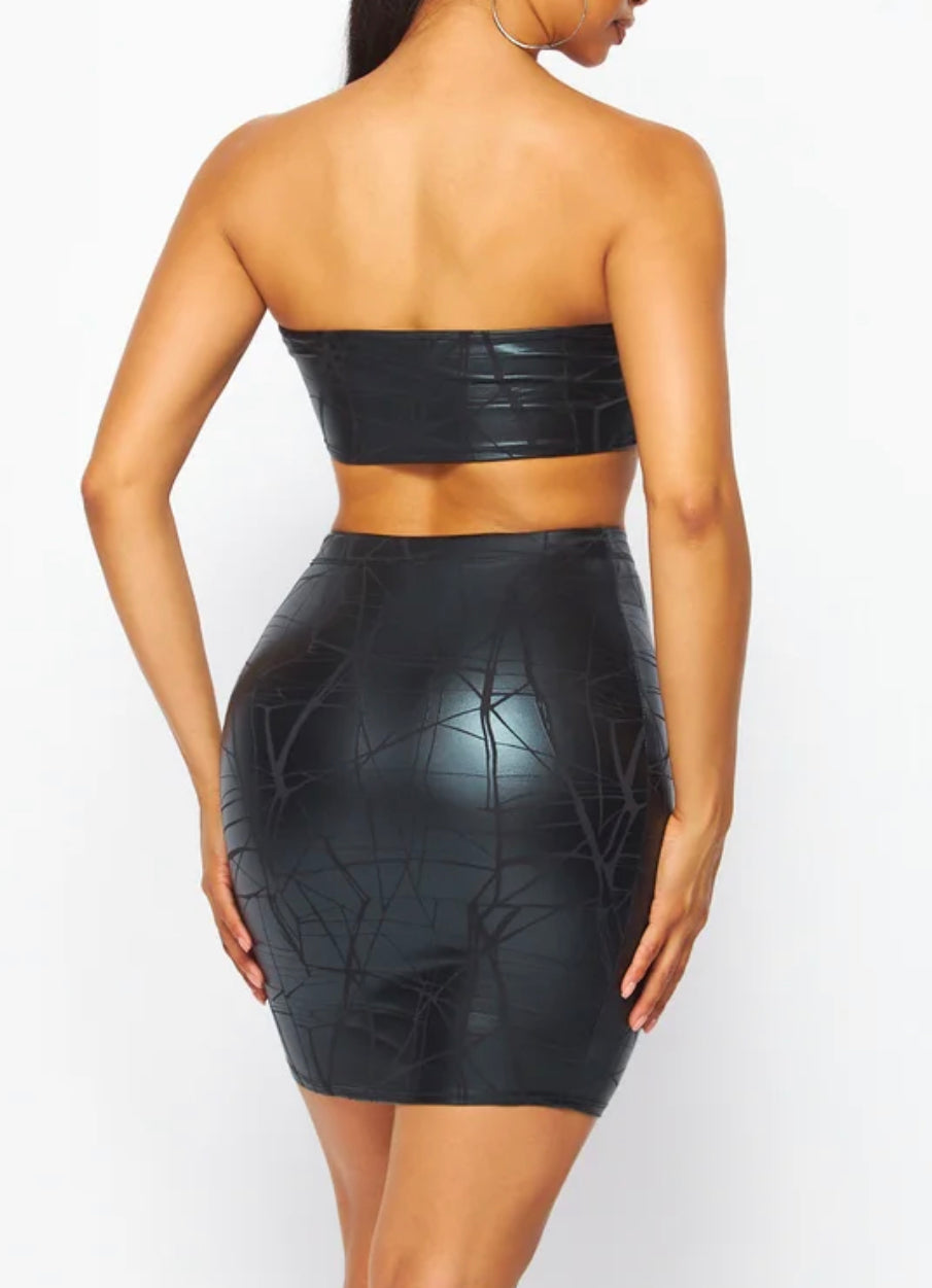 Cracked Faux Leather Tube Top & Skirt Matching Set