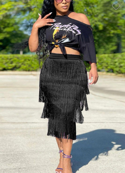 Layered fringe midi skirt