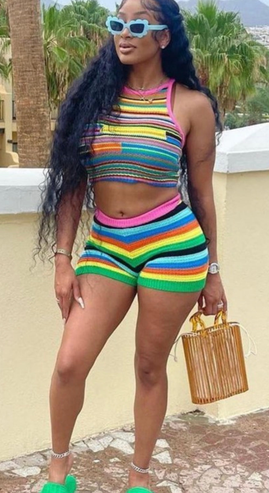 Multicolor knitted shorts set