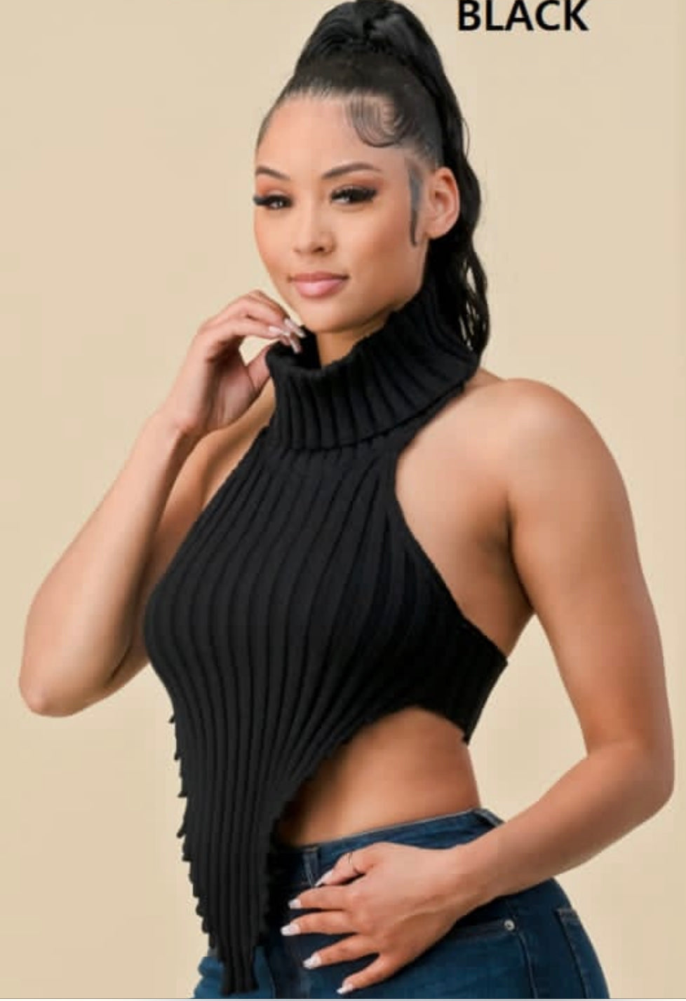 High neck knit solid color irregular backless sexy halter top