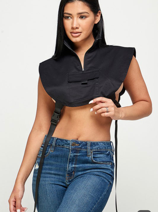 Sexy strap crop top vest jacket