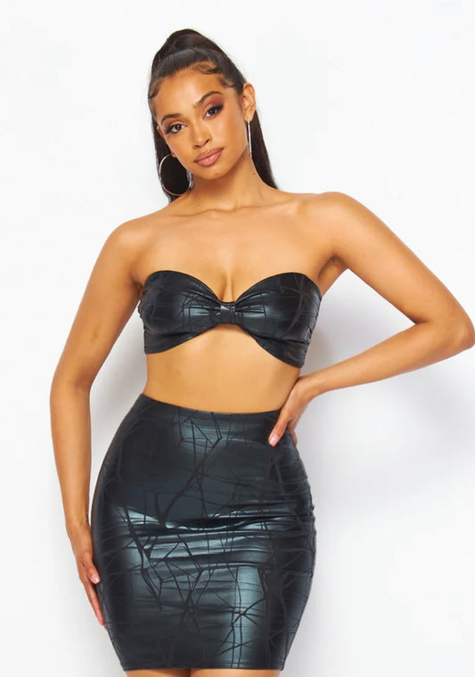 Cracked Faux Leather Tube Top & Skirt Matching Set