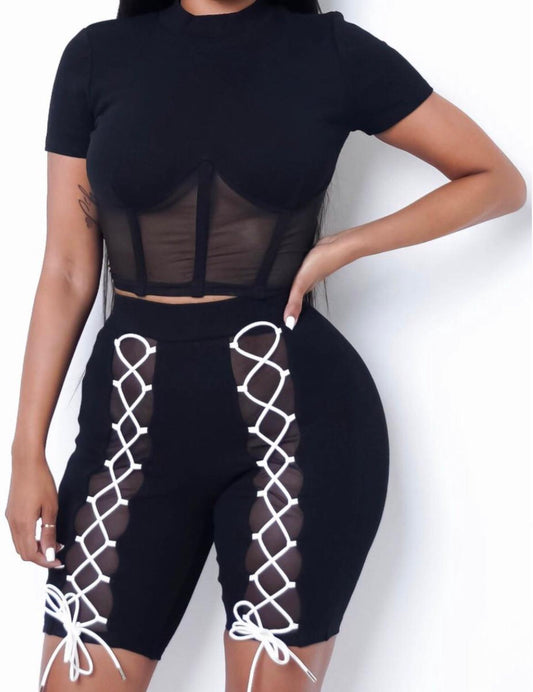 Rob Mesh Corset Style Crop Top Short Set