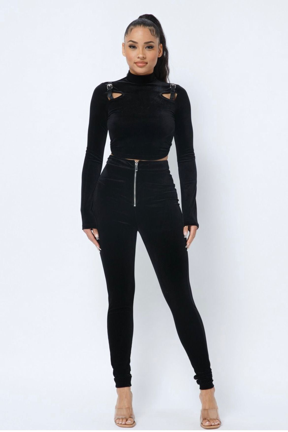 Long Sleeve Crop Top With Cutouts and Pu Leather Details and Matching Leggings