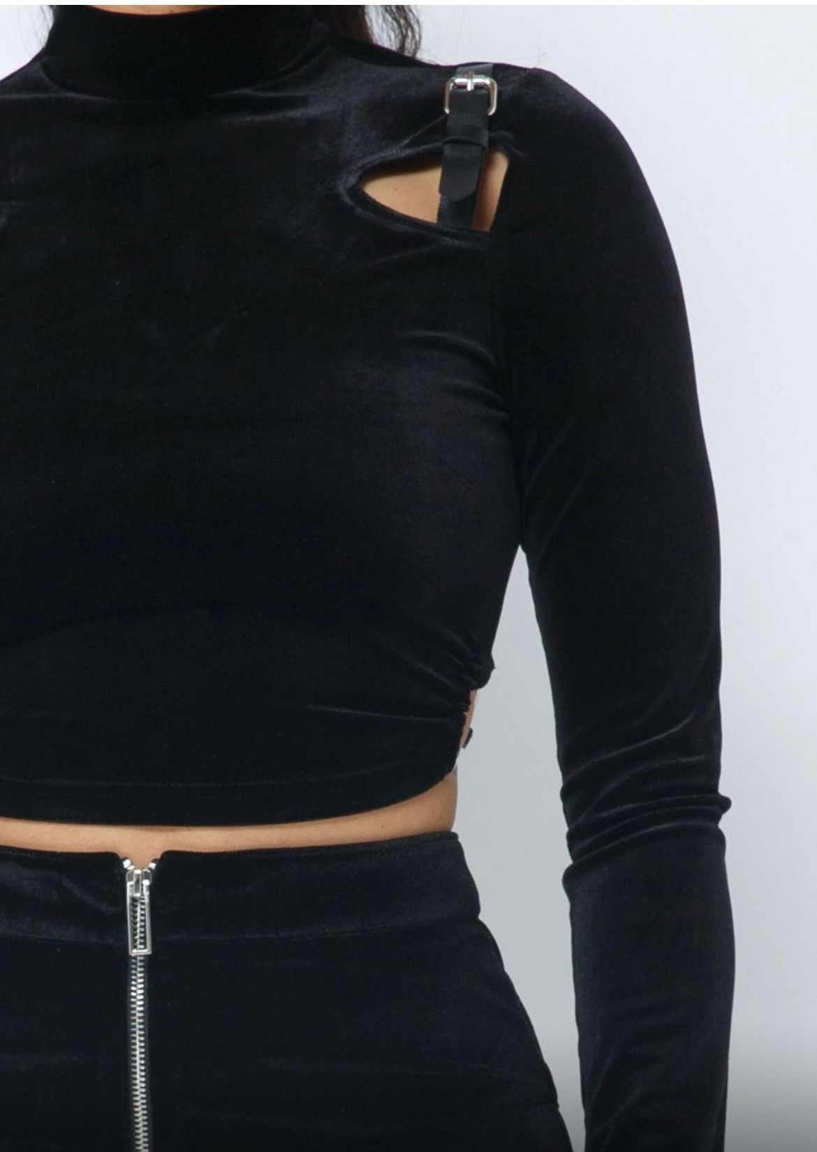 Long Sleeve Crop Top With Cutouts and Pu Leather Details and Matching Leggings