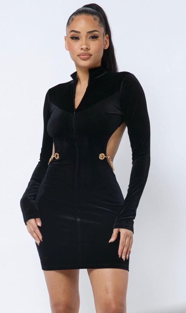 Soft Velvet Long Sleeve Mini Dress With Front Zipper And Open Back With Detachable Chain