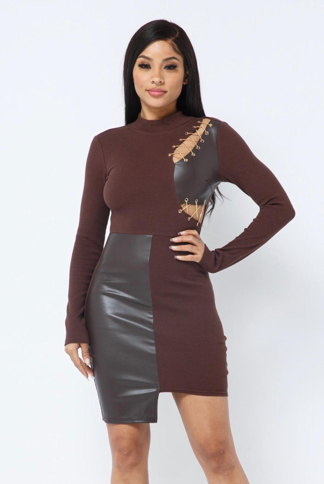 Penned Leather Patched Long Sleeve Dress