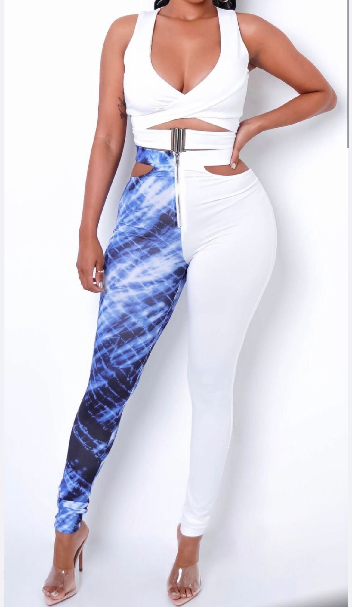 Tie Dye Color Block Buckle Set With Matching High Waist Skinny Pants