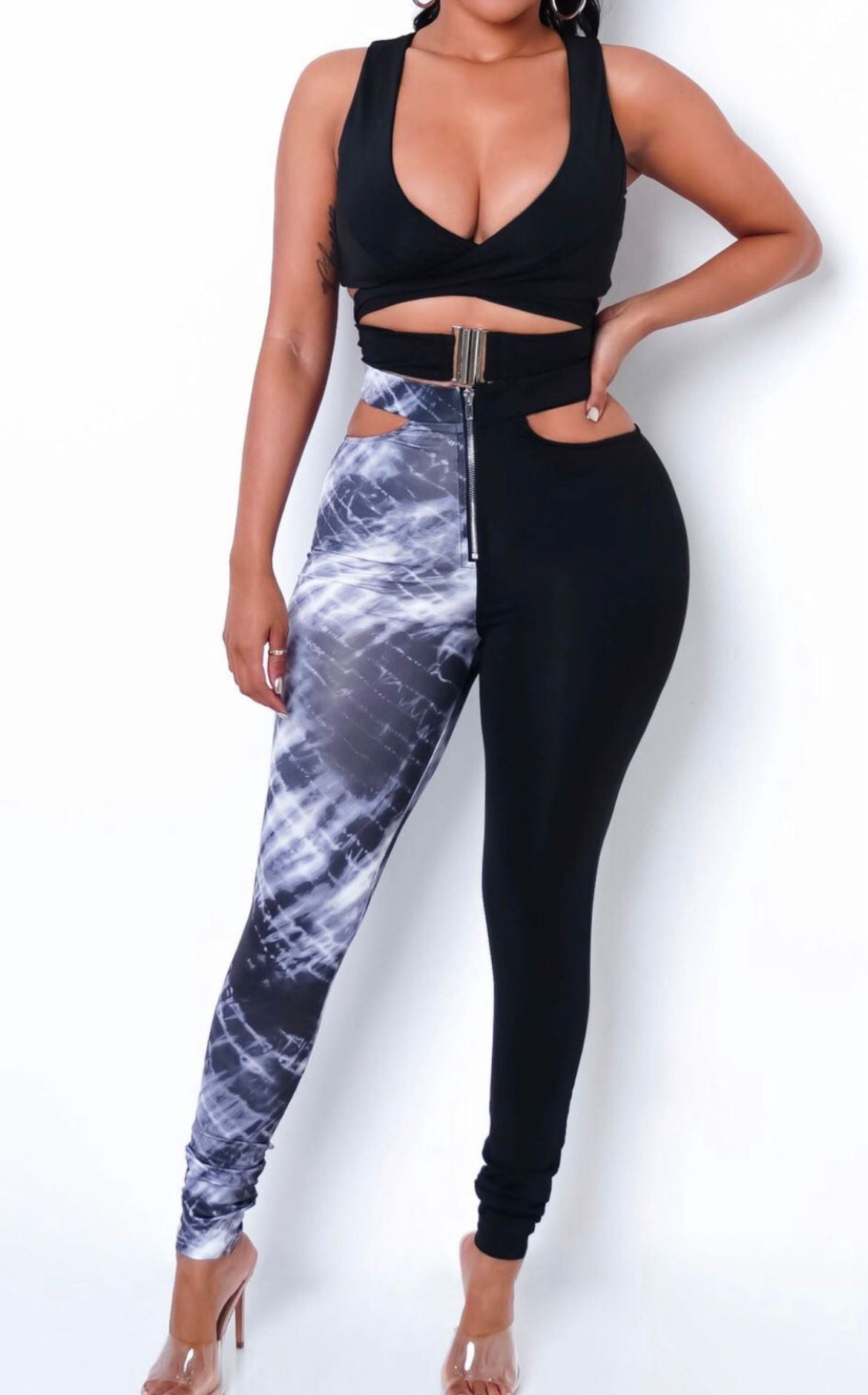 Tie Dye Color Block Buckle Set With Matching High Waist Skinny Pants