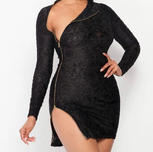 Side Double Zipper Mesh Detailed Dress