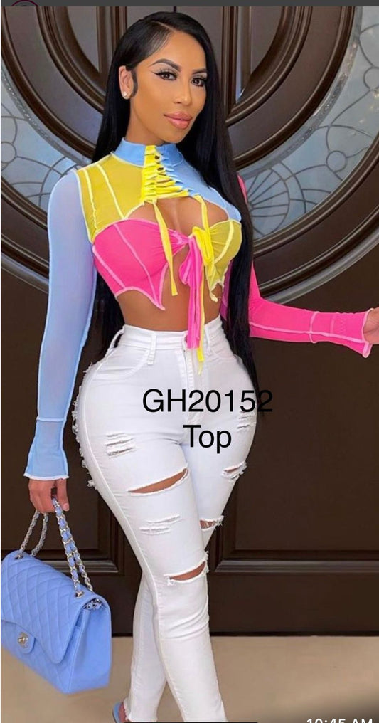 GH20152 Color Block Long Sleeve Corset Top